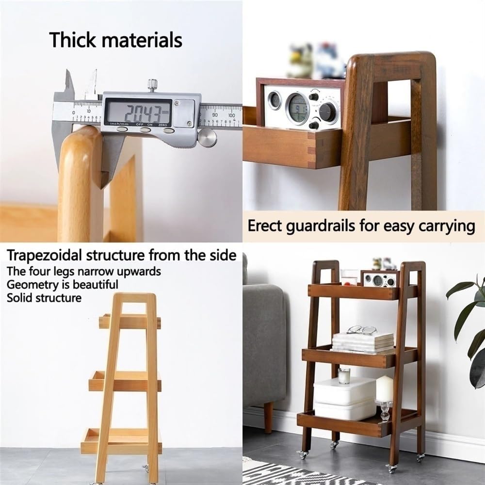 3-Tier Floor Bookcase, Solid Wood Ladder Shelf with Wheels, Side Table for Living Room, Craft Cart Fit in Kitchen, Narrow Space, Ladder Bookshelf with Handle(Brown)