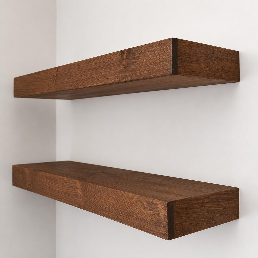Urbandi Modern Floating Shelves 3 Inches Thick for Wall, Wide Shelves for Kitchen, Living Room, Bedroom, and Bathroom, Natural Pine Wood, Rustic Wooden Shelf, (Set of 2) (Provincial, 24Lx3Hx8D)