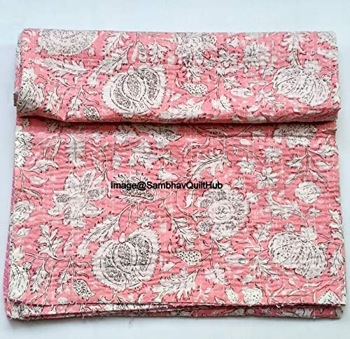 Indian Handblock Kantha Floral Printed Handmade Quilted Blanket Vintage Home Decorative KanthaThrow Blanket Kantha Bedcover Queen/King / CaliforiniaKing (Pink, Queen/king 90X108 inches)
