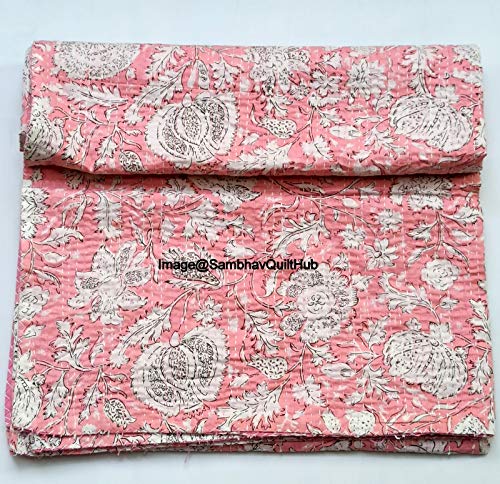 Indian Handblock Kantha Floral Printed Handmade Quilted Blanket Vintage Home Decorative KanthaThrow Blanket Kantha Bedcover Queen/King/CaliforiniaKing (Green, California King(108X108) inches)