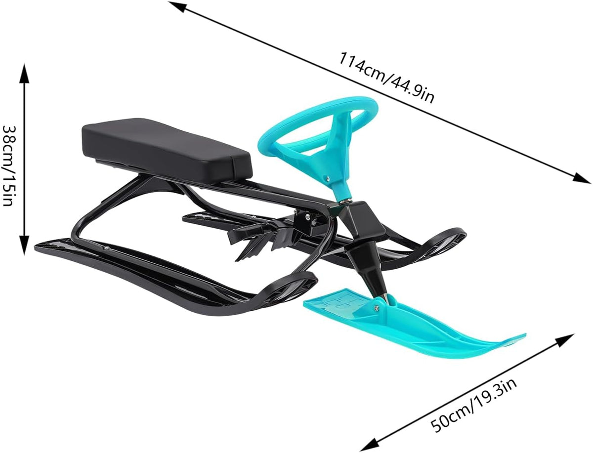 Snow Racer Sled, Ski Sled with Steering Wheel & Twin Brakes, Durable Steel Frame, Great Weight Capacity of 220 LBS, Sled for Kids Age 6 & Up, Teenagers Adult