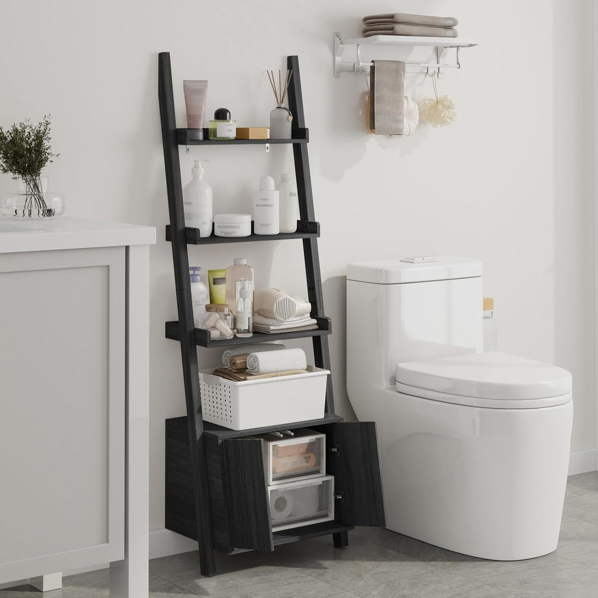 4-Tier Ladder Bookshelf with Storage Cabinet, Freestanding Shelf Unit,Black