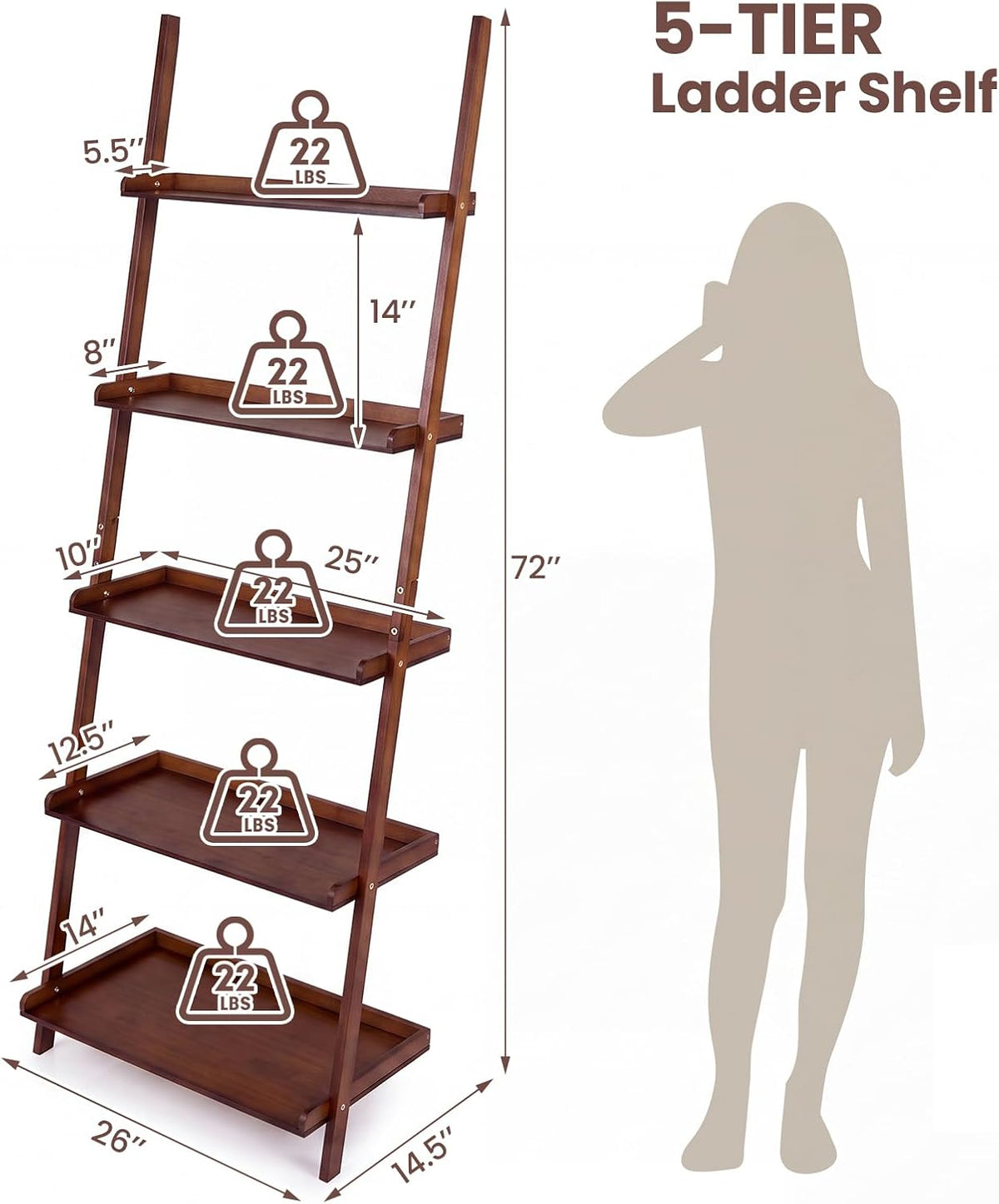 Tangkula 5-Tier Ladder Shelf Bookcase, Bamboo, 72”H, Walnut, 2 Pack