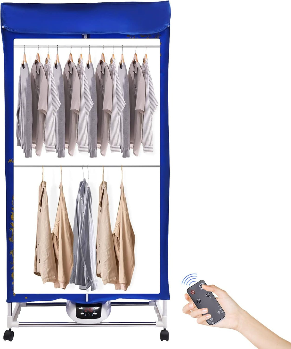 Electric Clothes Dryer 1500W Travel Dryer Machine with 4 Wheels 3 Gears Portable Clothes Dryer Remote Control Clothes Dryer Machine for Apartments Home