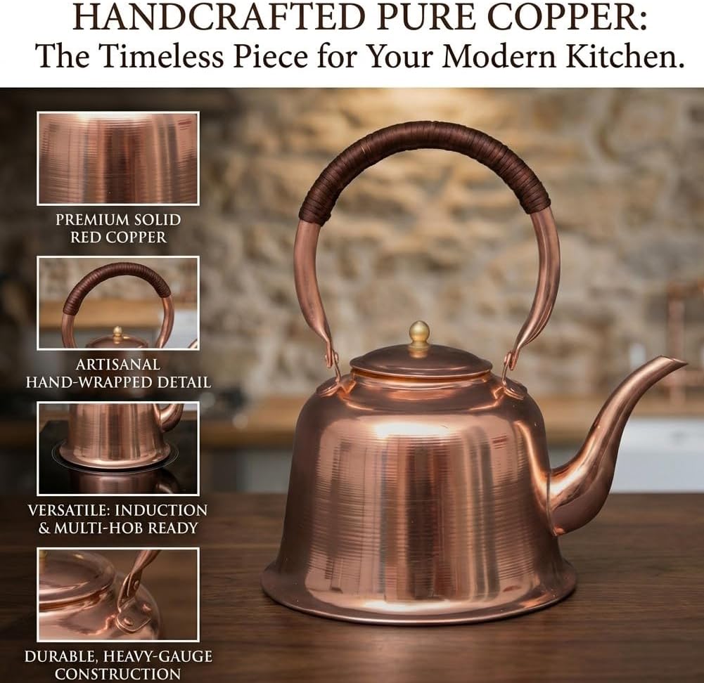 Solid Copper Tea Kettle for Stove Top, 1000ml Fast Boiling Vintage Copper Teapot, Easy to Clean Water Kettle for Induction, Gas & Electric Stoves