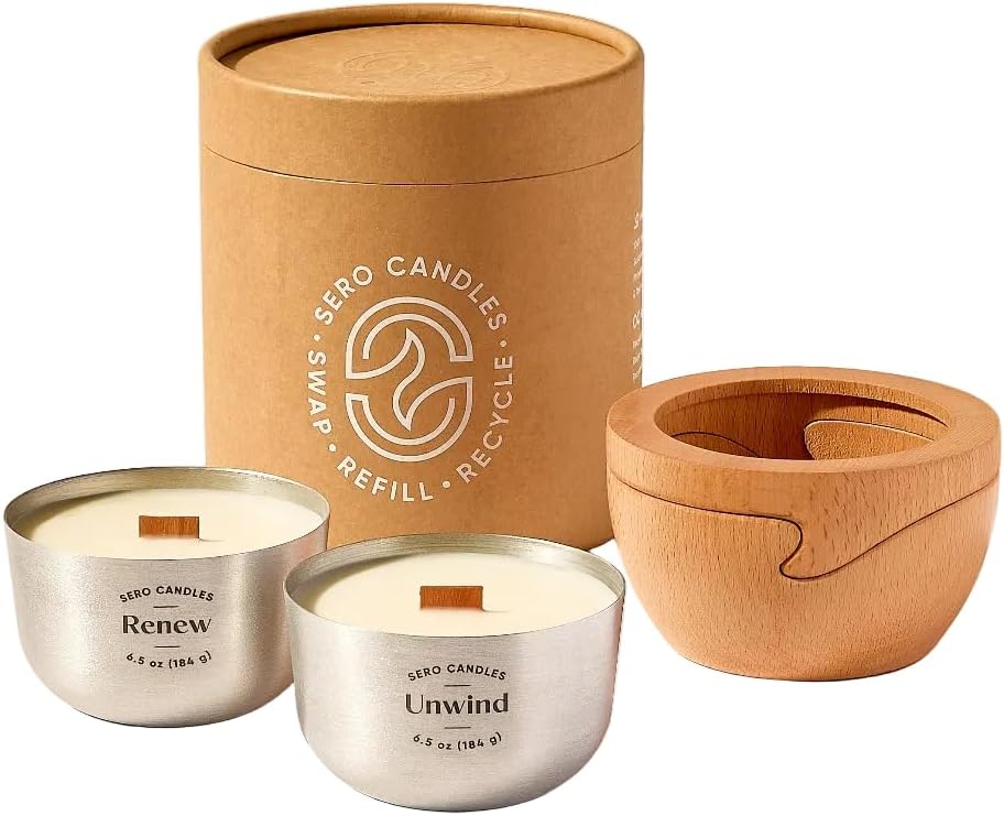 Refillable Coconut Soy Candle Gift Set | Reusable Wood Container + 2 Recyclable Refills (6.5 oz) | Unwind x2 | Non-Toxic Crackling Wood Wick