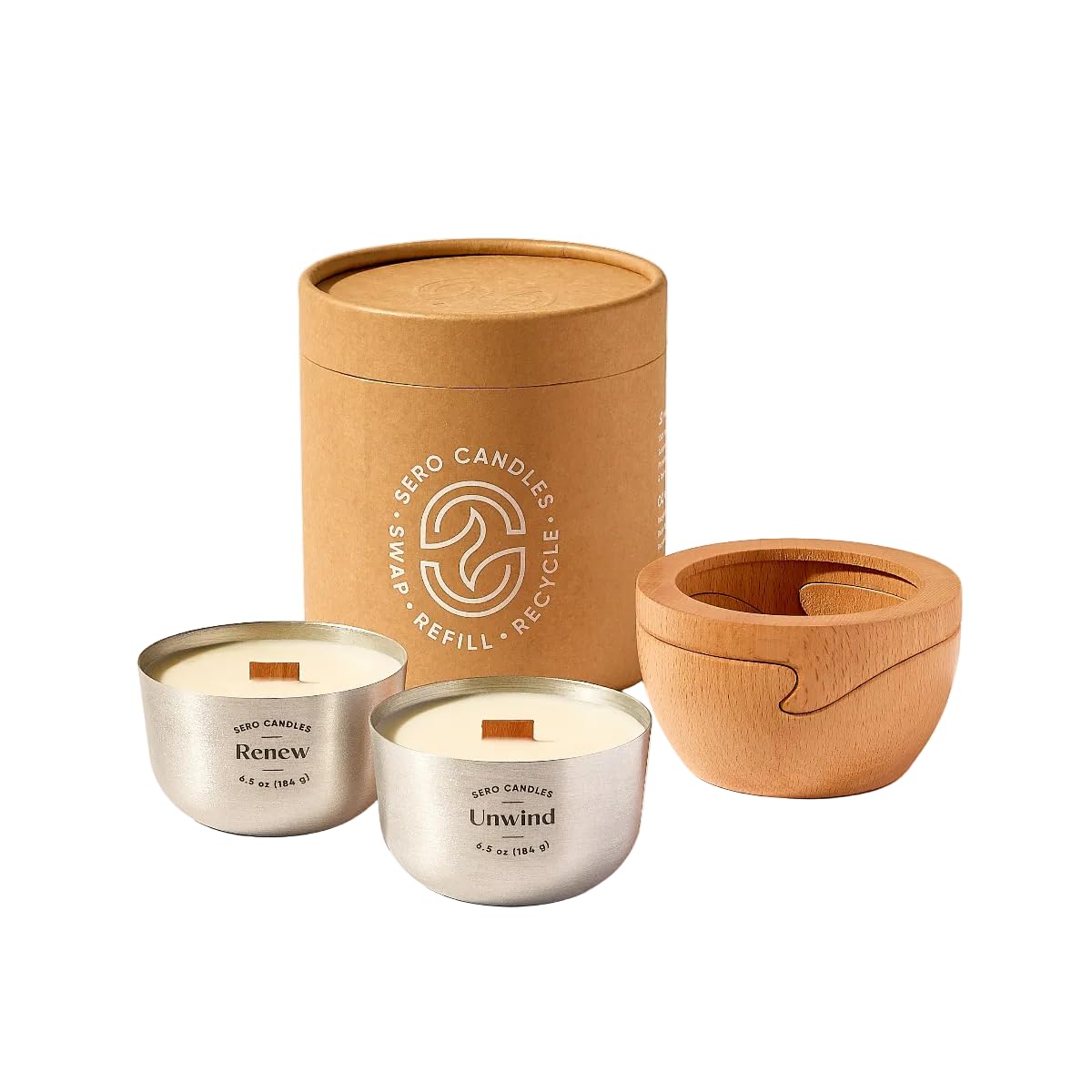 Refillable Coconut Soy Candle Gift Set | Reusable Wood Container + 2 Recyclable Refills (6.5 oz) | Unwind x2 | Non-Toxic Crackling Wood Wick