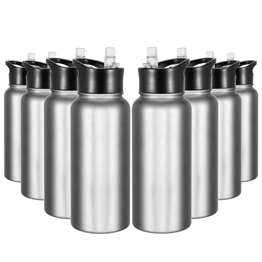 32 oz Insulated Water Bottle Bulk 8 Pack, Stainless Steel Sports Water Bottles with Straw Lid & Wide Mouth Lids, Double Walled Vacuum, Leak Proof, White