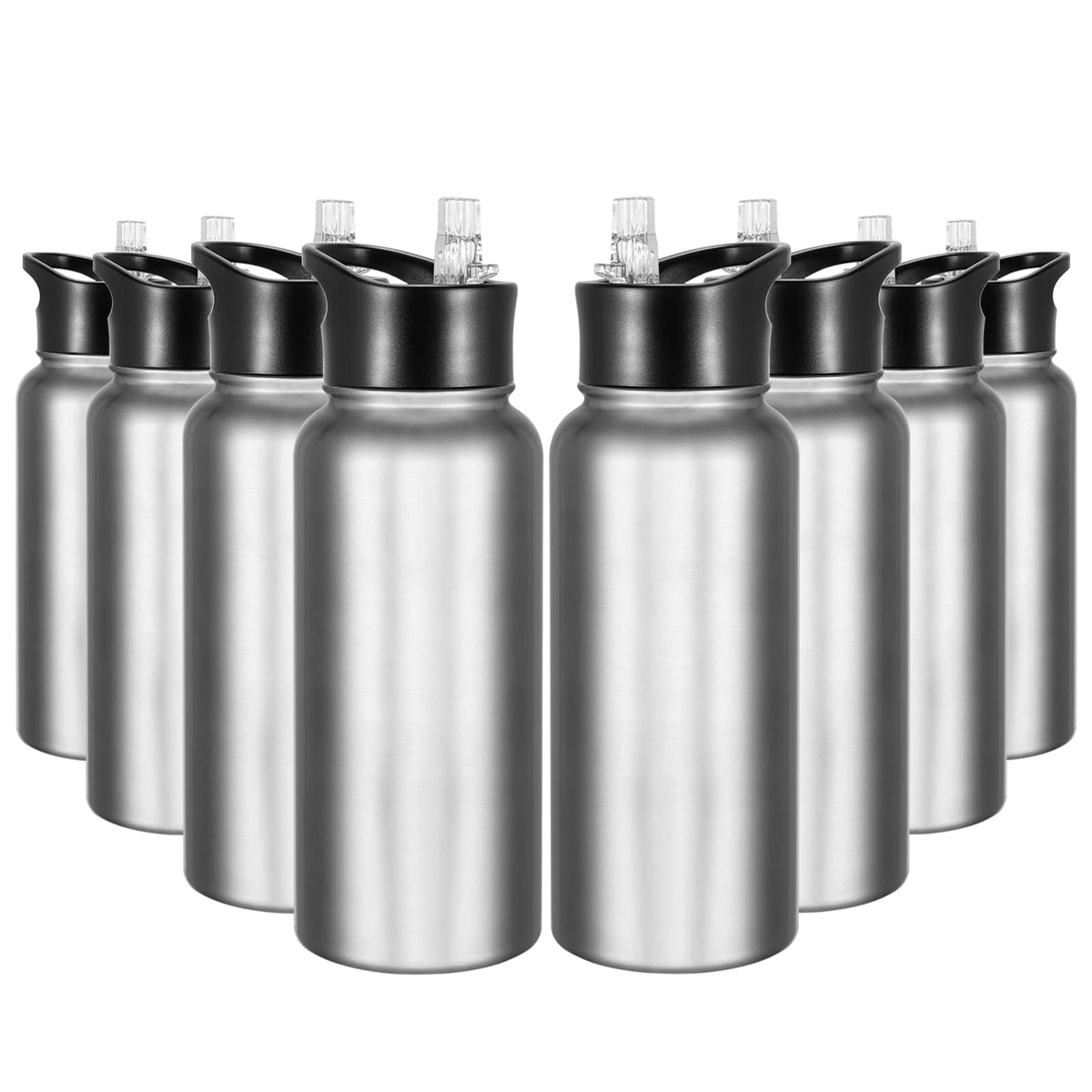 32 oz Insulated Water Bottle Bulk 8 Pack, Stainless Steel Sports Water Bottles with Straw Lid & Wide Mouth Lids, Double Walled Vacuum, Leak Proof, White