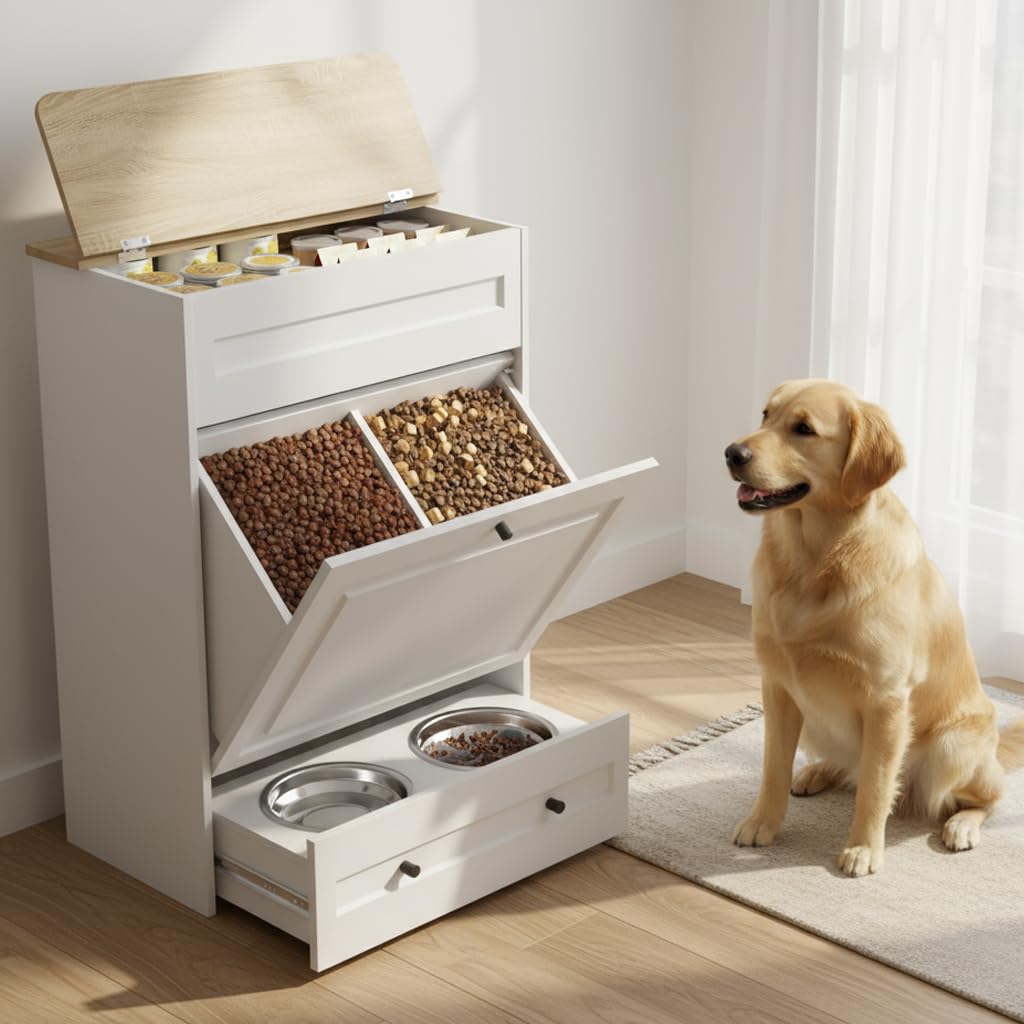 Elevated Dog Feeding Station with Storage, Pull-Out Bowls & Slow Feeder