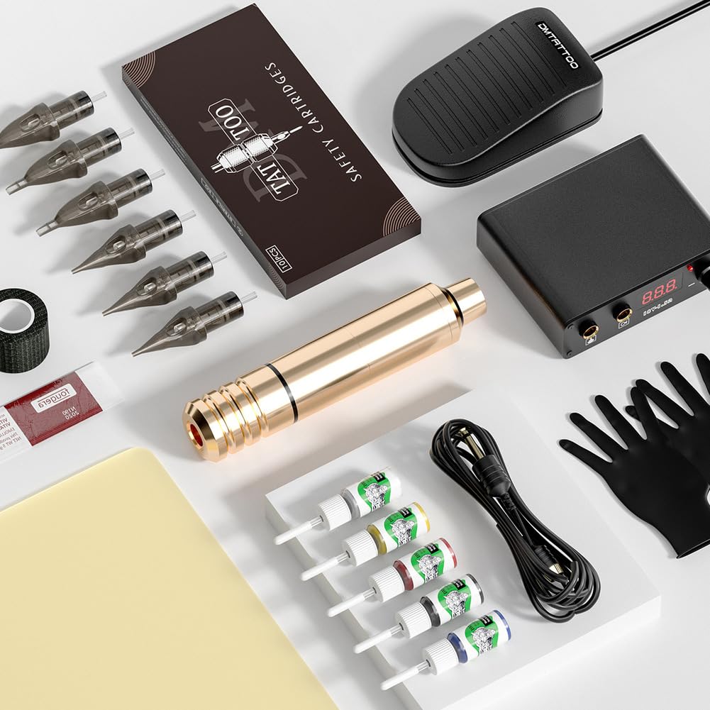 Rotary Tattoo Machine Kit with Tattoo Pen Power Supply 10 Cartridges 10 Color Bottles Foot Pedal for Professional Tattoo Artists Lining and Shading Work,Silver