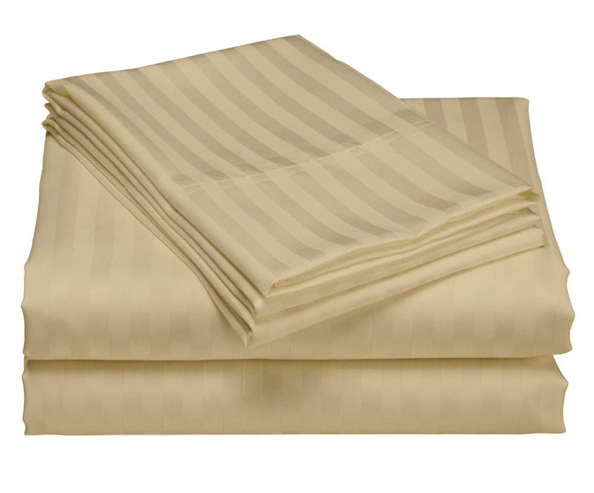 USA Short Queen Sheet Set in Light Grey Stripe 400 Thread-Count 100% Egyptian Long Staple Cotton, Sateen Weave for Soft and Silky Feel, Breathable 4-Piece Bedsheet, Elasticized 24'' Extra Deep Pocket