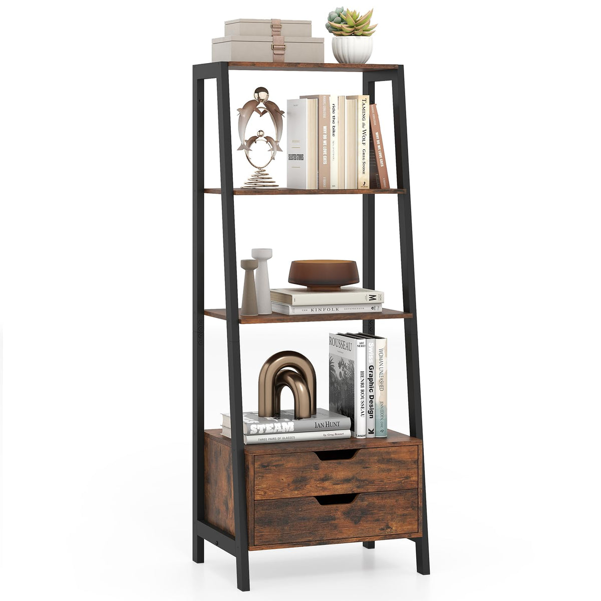 GIANTEX 4-Tier Bookshelf with 2 Drawers Set of 2, Modern Ladder Bookshelf w/Storage, Sturdy Metal Frame, Anti-toppling Devices, Display Standing Shelf Unit, Freestanding Bookcase, Rustic Brown