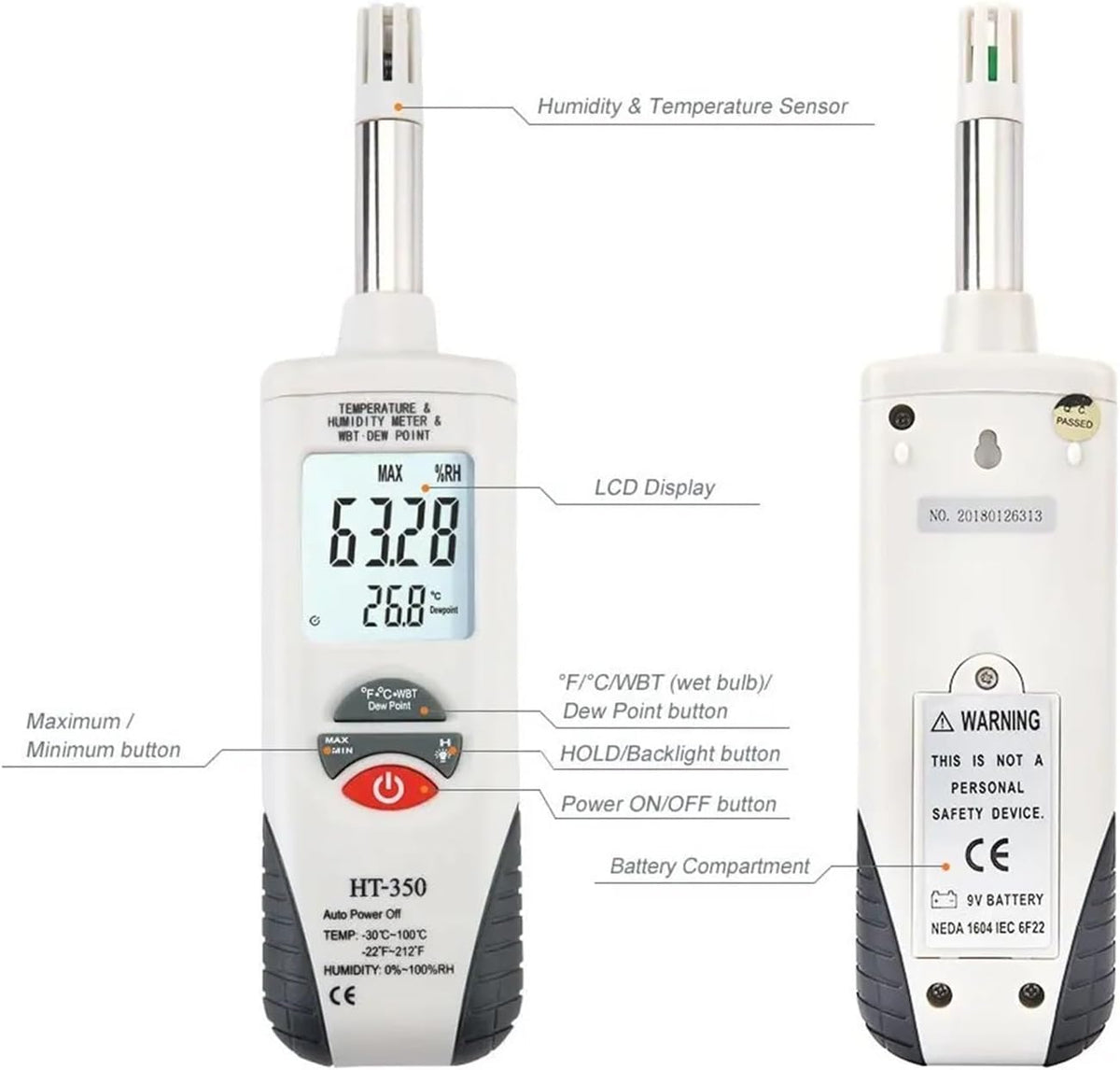 Moisture Meter, Handheld Digital Humidity Temperature Meter With Dew Point And Wet Bulb Temperature, Dual Display Temperature & Humidity
