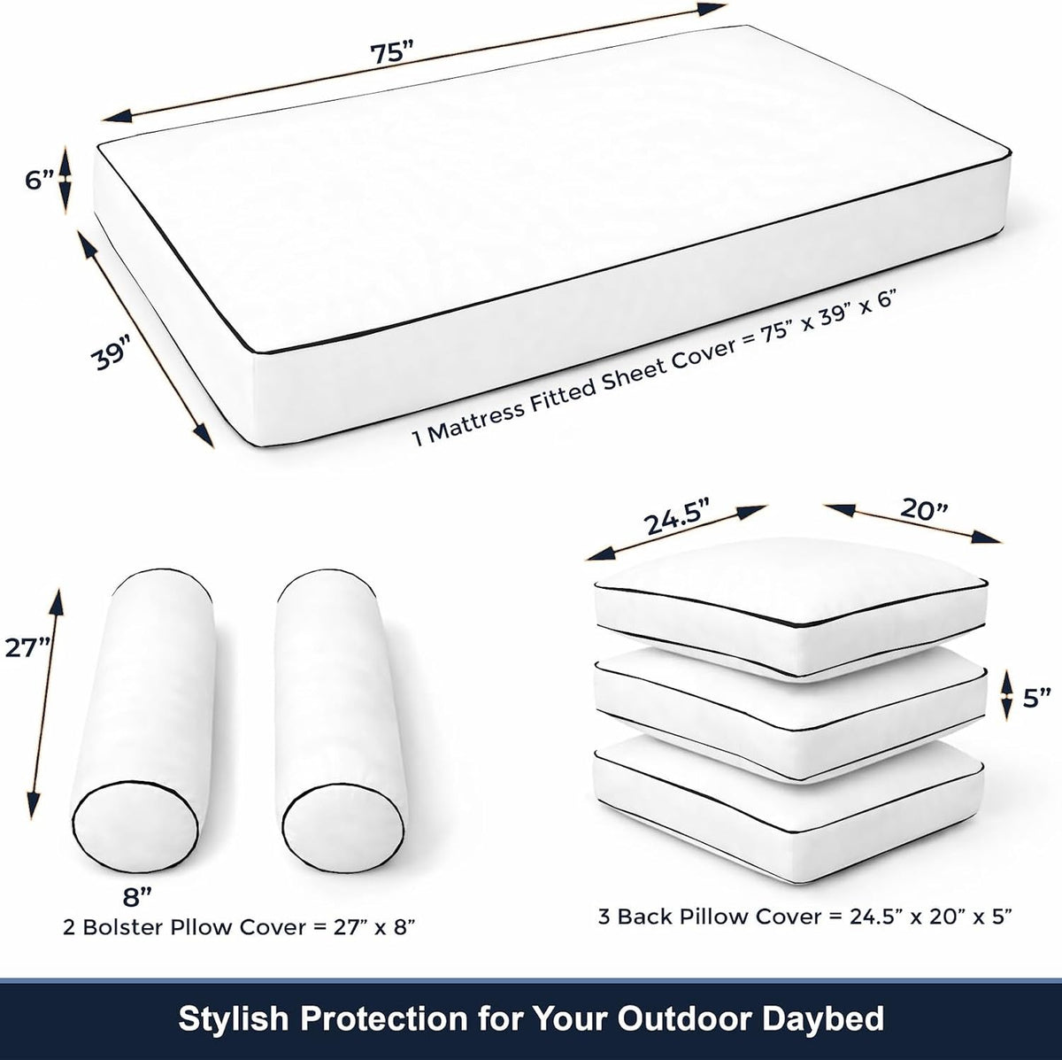 Cottington Lane 6 Piece Outdoor Daybed Cushion Cover Set, Twin Size Fitted 39" x 75" with 6" Deep Fit, Waterproof Indoor Daybed/Porch Swing Bed Mattress & Pillow Bolster Cushion Cover, White