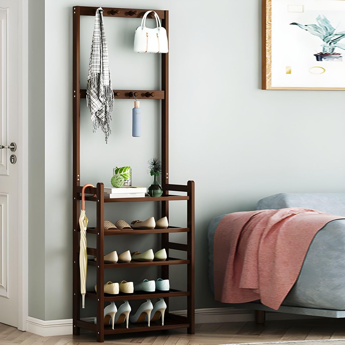 Modern Wood Coat Hanger Storage Shelves & Coat Hooks Entryway Kit Multifunctional Clothes Hanger Floor-standing Bedroom Clothes Storage Rack Simple Coat Rack Natural 31.5"L x 9.1"W x 69.3"H