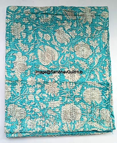 Indian Handblock Kantha Floral Printed Handmade Quilted Blanket Vintage Home Decorative KanthaThrow Blanket Kantha Bedcover Queen/King / CaliforiniaKing (Pink, Queen/king 90X108 inches)