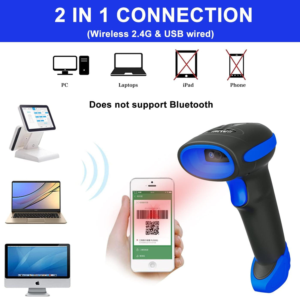 LENVII CW200 2D Barcode Scanner Wireless 2 in 1 Handhold Barcode Reader QR Code Scanner USB Bar Code Scanner for Shop use Store,Supermarket, Warehouse (Blue)