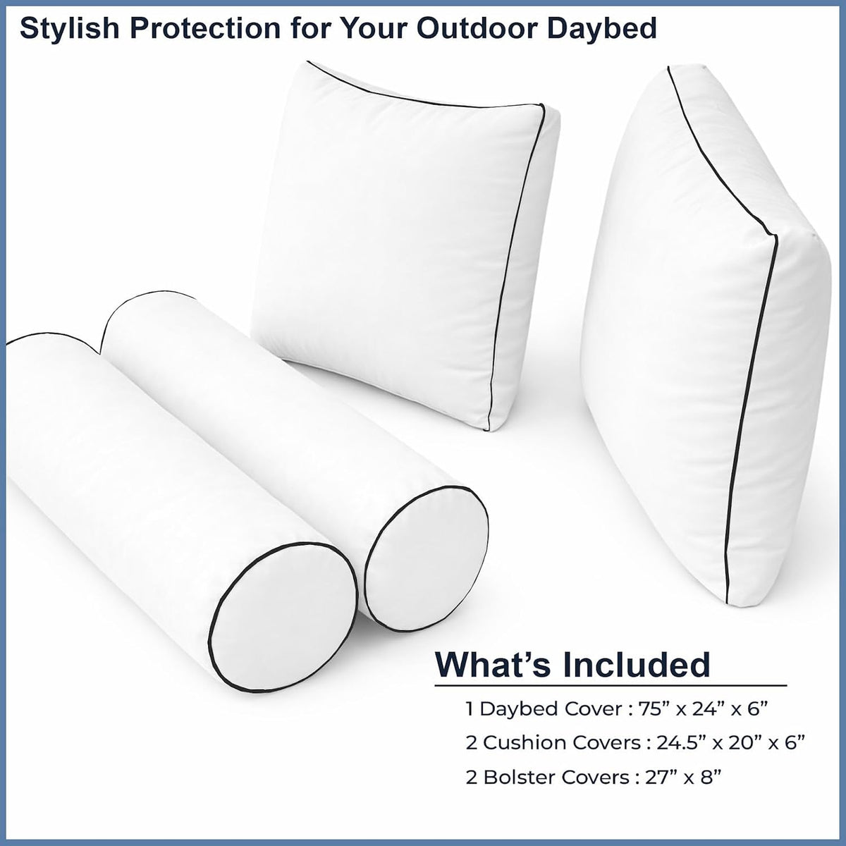 Cottington Lane 5 Piece Outdoor Daybed Cushion Cover Set, Twin Size Fitted 39" x 75" with 6" Deep Fit, Waterproof Indoor Daybed/Porch Swing Bed Mattress & Pillow Bolster Cushion Cover, White
