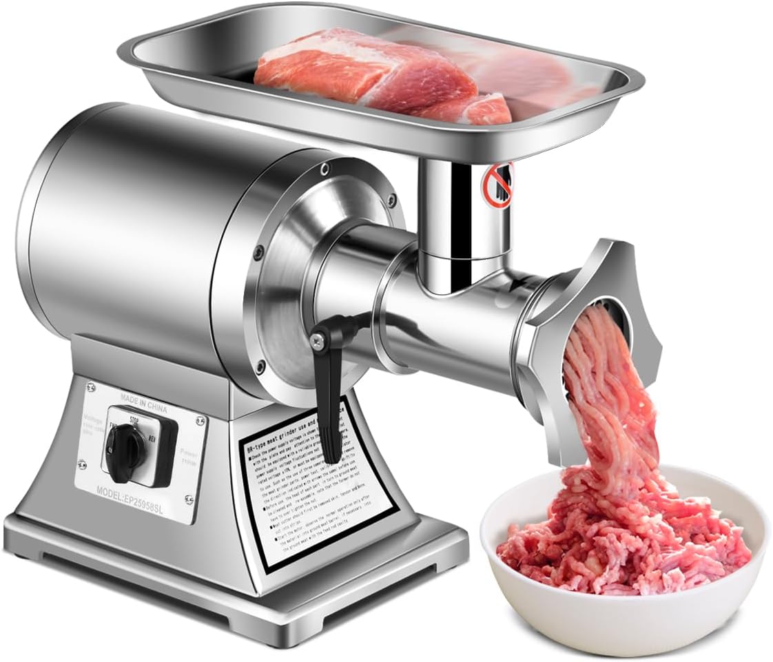 Tangkula Commercial Meat Grinder, 1.5 HP, 1100W, 551LB/h #12 Stainless Steel Electric Sausage Stuffer, 225RPM Heavy Duty Industrial Meat Mincer w/2 Blades, 2 Grinding Plates & Stuffing Tubes