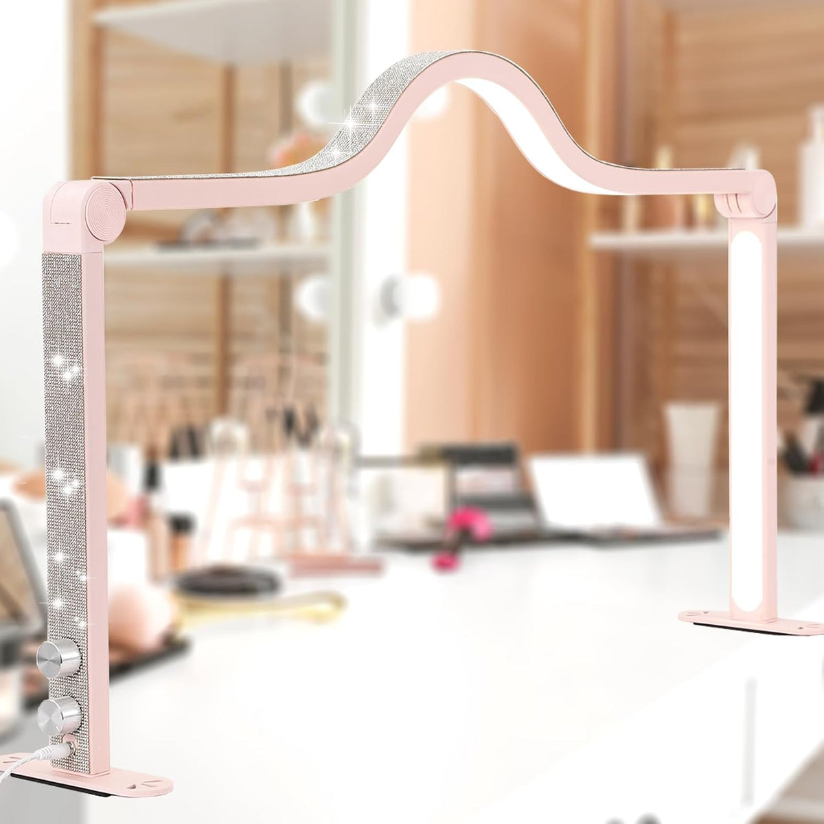 Half Moon Light for Nail Desk,35 in Half Moon Led Light for Table Nail,Foldable Nail Tech Lamp for Desk,3000-6000K Dimmable Half Moon Nail Light,for Eyelash Tech,Spa,Salon Lash Light, Pink