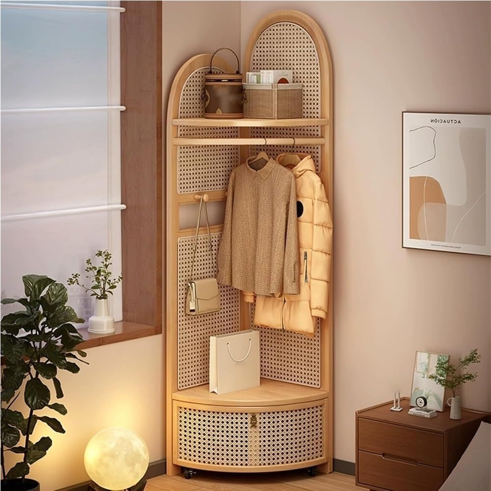 Freestanding Entryway Coat with Hooks, Boho Floor Standing Clothes Rack with Shoes Shelf, Rattan Clothes Rack Corner for Bedroom, Living Room, Hallway 17''x17''x76''(Khaki A)