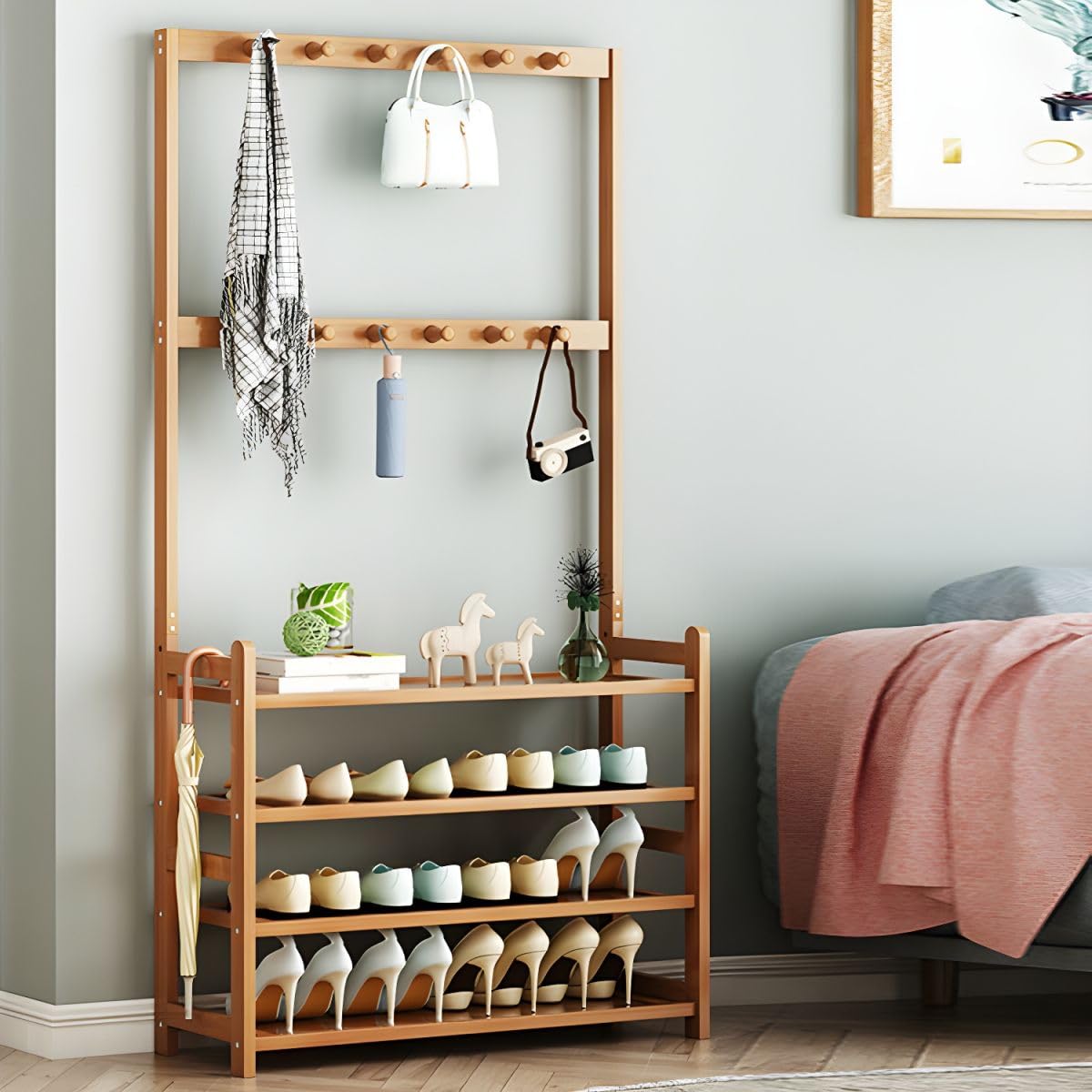 Modern Wood Coat Hanger Storage Shelves & Coat Hooks Entryway Kit Multifunctional Clothes Hanger Floor-standing Bedroom Clothes Storage Rack Simple Coat Rack Natural 31.5"L x 9.1"W x 69.3"H