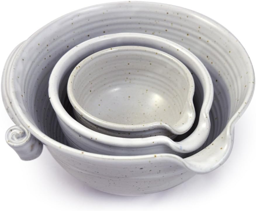 Stoneware Pottery Batter Bowls, 3-Piece Set, Classic All-White Glaze