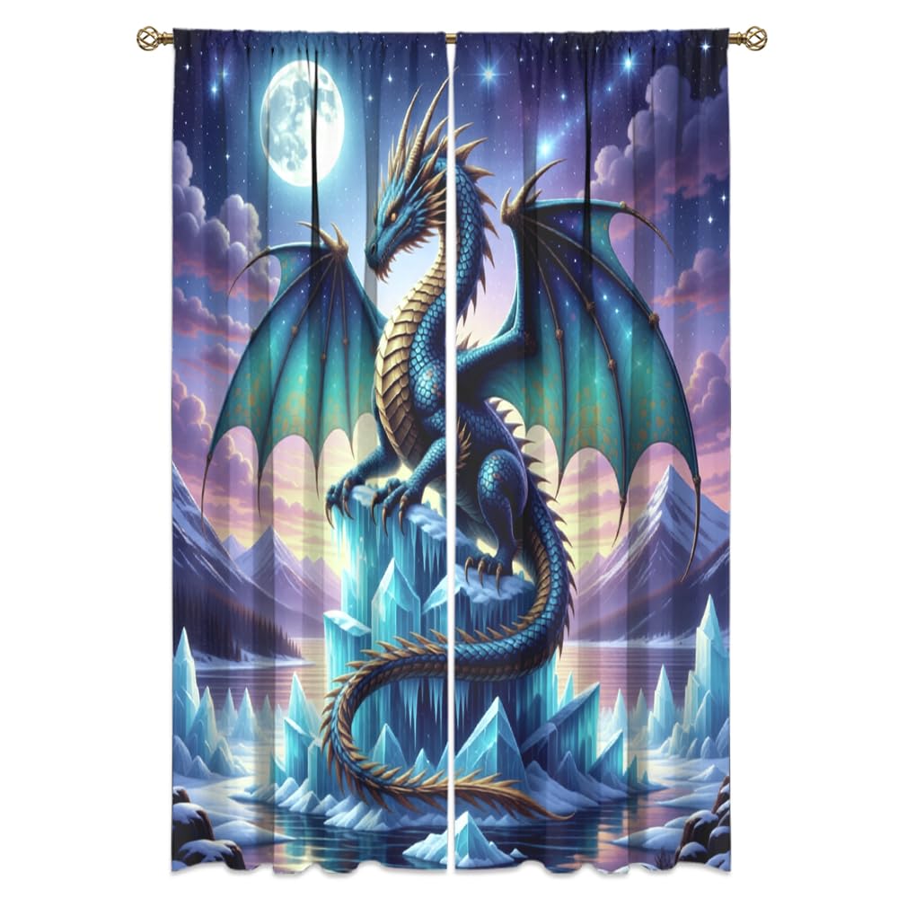 Fantasy Mythical Animal Dragon Curtains,Dreamy Galaxy Full Moon Room Darkening Blackout Window Treatment,Mythological Wildlife Dragon Rod-Pocket Privacy Curtains,2pcs,Each 52“W x 96”L