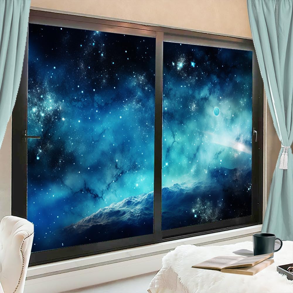 Abstract Universe Privacy Window Film Blue Galaxy Mysterious Planet Stained Glass Window Coverings Adhesive Sticker Frosted Window Film for Home Office Stores 31.5Wx47.2L-inch x2 Pcs