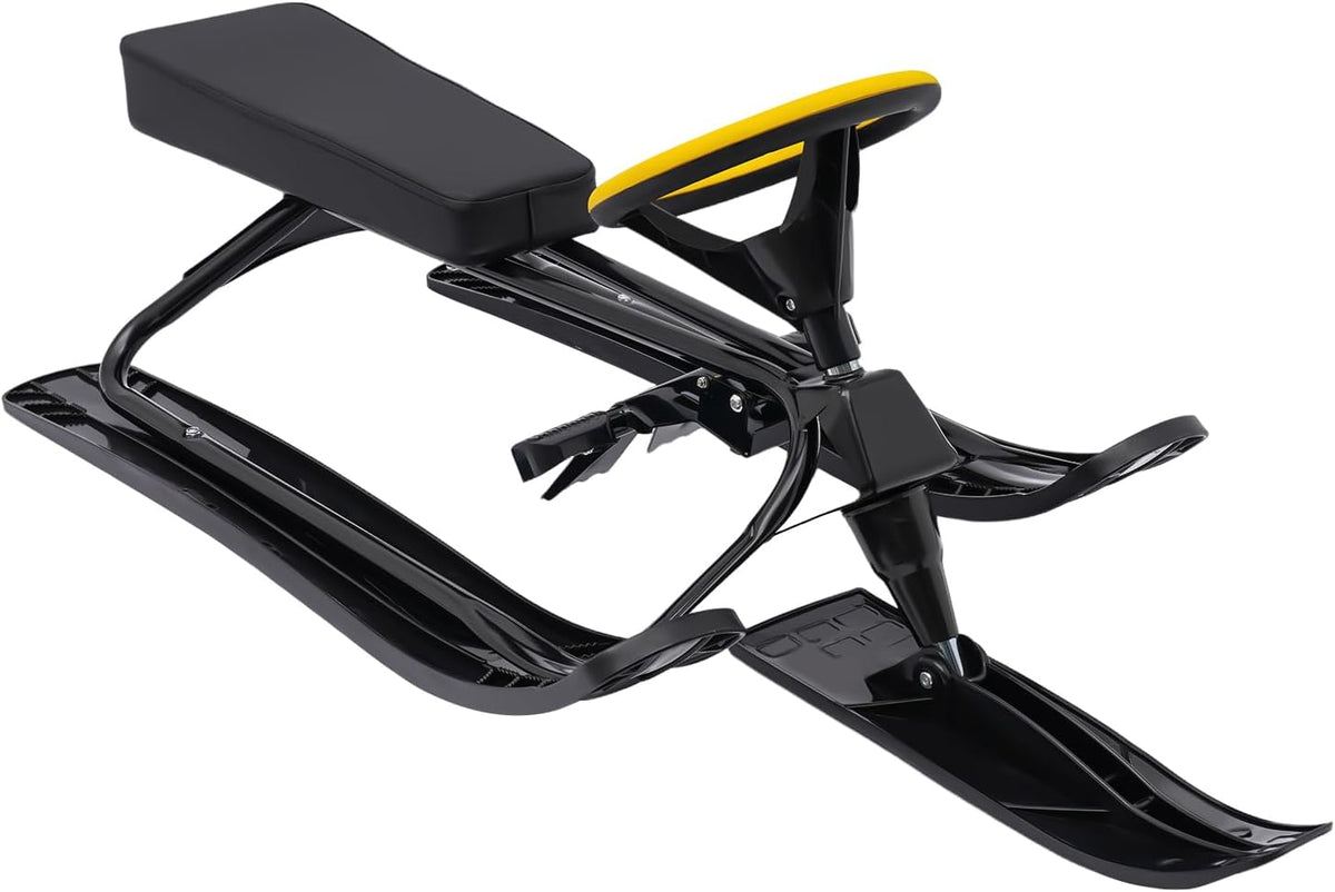 Snow Racer Sled, 220Lbs Capacity Ski Sled Slider Board Kids Teens Winter Sport Sled Metal Snow Sand Grass Slider w/Steering Wheel & Double Brakes for Skiing Ice Skating Sand Skating