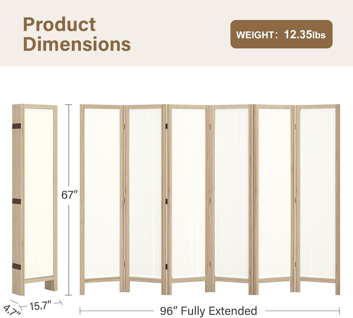 Linen Room Divider Privacy Screen, Foldable Wood Frame Partition Room Dividers with Removable Linen Fabric Curtain, Room Divider Panel, Zero Assembly for Home, Office, or Studio Natural 6 Panel