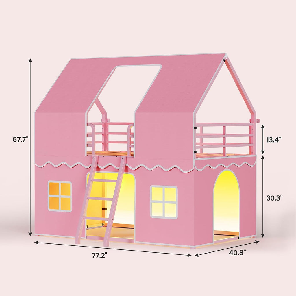 BTHFST Girls Bunk Bed Twin Over Twin, House Loft Bed with LED Lights