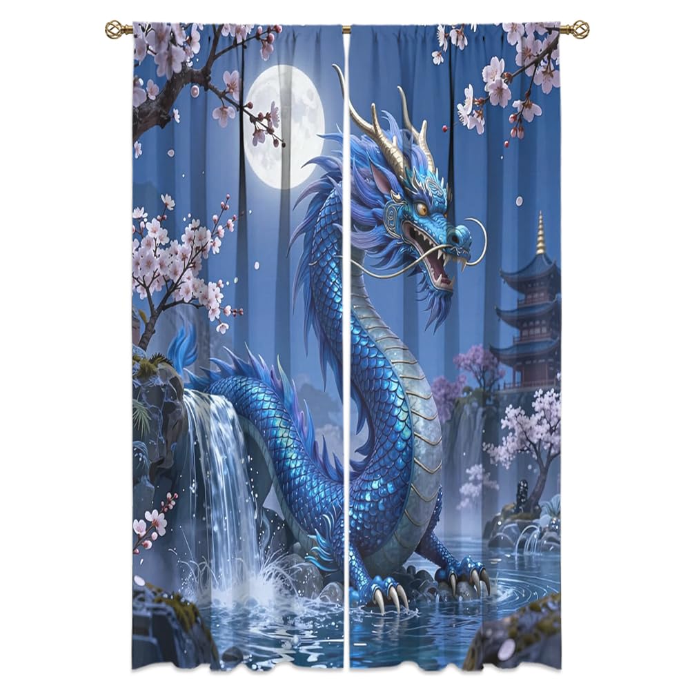 Traditional Ukiyoe Wildlife Dragon Curtains-Dreamy Ancient Japan Architecture Rod Pocket Back Tab Window Drapes,Japanese Samurai Thermal Insulated Blackout Curtain,2pcs,Each 52“W x 96”L
