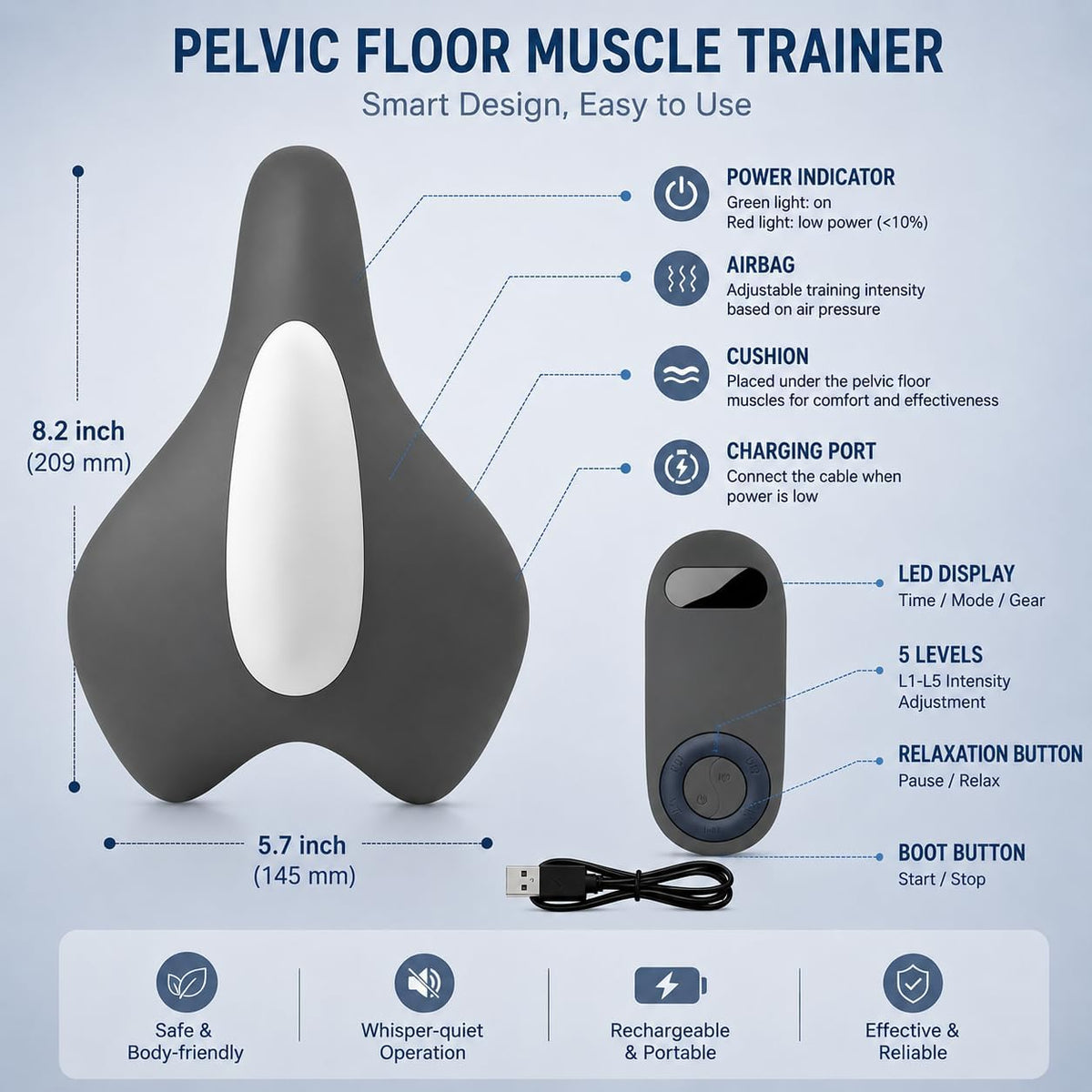 Pelvic Floor Trainer for Men & Women with Remote Control, Kegel Exercise Equipment for Hip, Core & Glute Muscle Training, Portable Muscle Strengthening Fitness Device for Home & Office