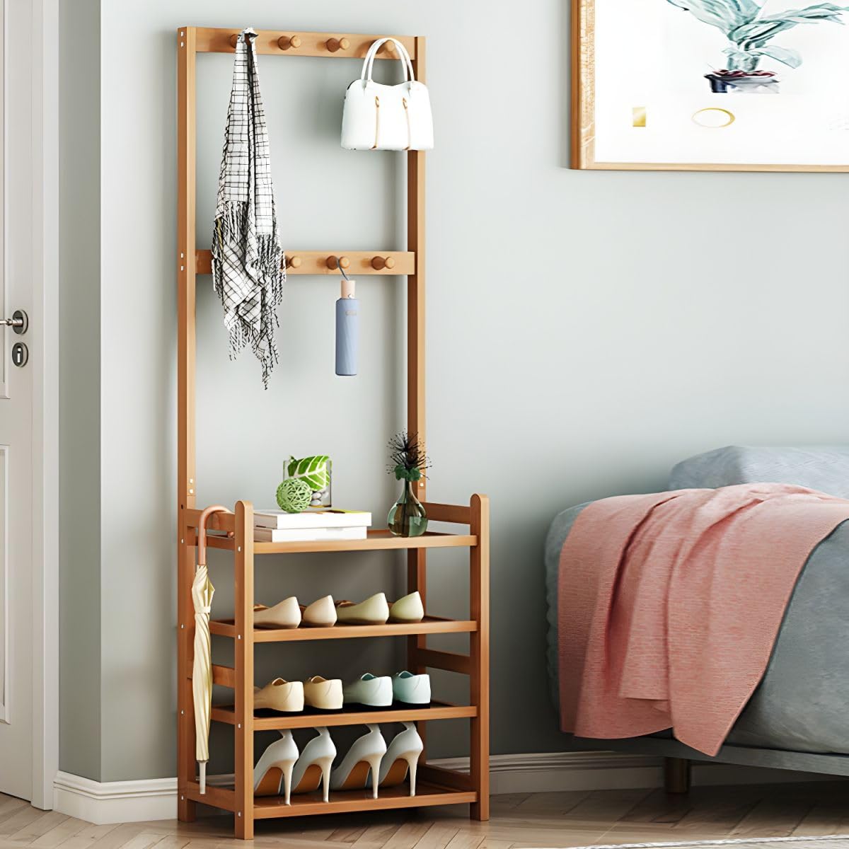Modern Wood Coat Hanger Storage Shelves & Coat Hooks Entryway Kit Multifunctional Clothes Hanger Floor-standing Bedroom Clothes Storage Rack Simple Coat Rack Natural 31.5"L x 9.1"W x 69.3"H