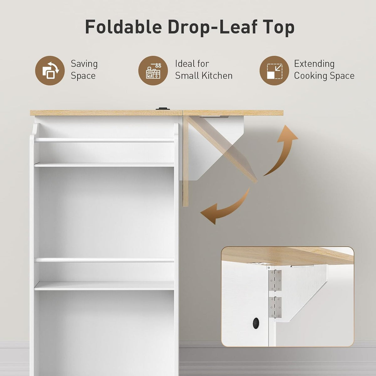 RALGEND Kitchen Island with Power Outlets & Drop Leaf, Small Rolling Kitchen Cart on Wheels, Kitchen Storage Island with Spice Rack, Mobile Island Table for Kitchen, Dinning, White and Natural