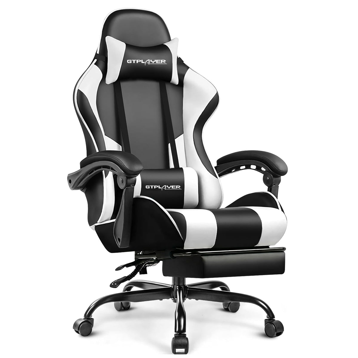 GTPLAYER Gaming Chair, Computer Chair with Footrest and Lumbar Support, Height Adjustable Game Chair with 360°-Swivel Seat and Headrest and for Office or Gaming (Pearl White)