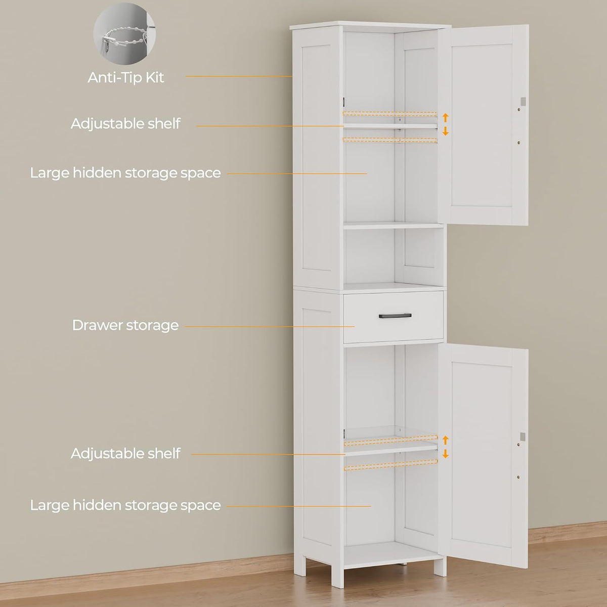 Homhedy 67" H Tall Bathroom Storage Cabinet with Barn Doors and Drawer