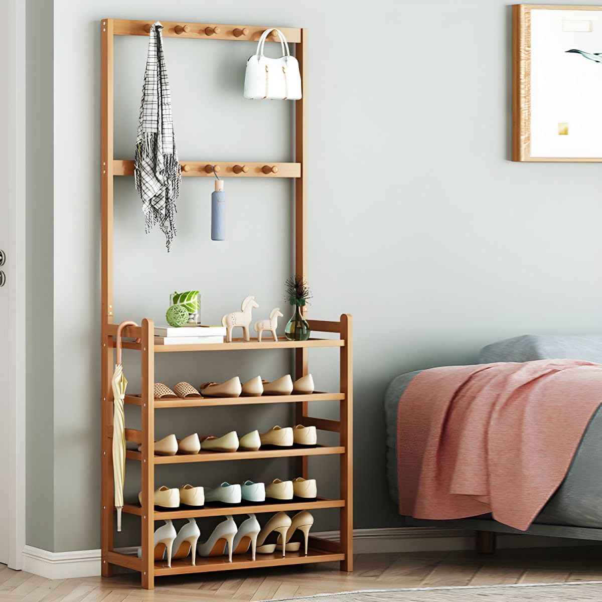 Modern Wood Coat Hanger Storage Shelves & Coat Hooks Entryway Kit Multifunctional Clothes Hanger Floor-standing Bedroom Clothes Storage Rack Simple Coat Rack Natural 31.5"L x 9.1"W x 69.3"H