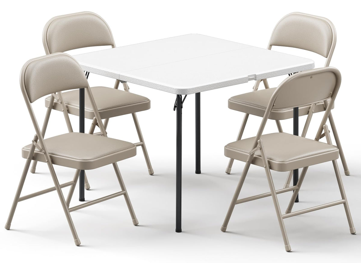 Folding Table and Chairs Set for 4, 36 Inch Foldable Card Table with Carrying Handle & 4 PU Leather Padded Folding Chairs, Portable Indoor Outdoor Dining Table Set for Picnic, Camping, RV, Game Night
