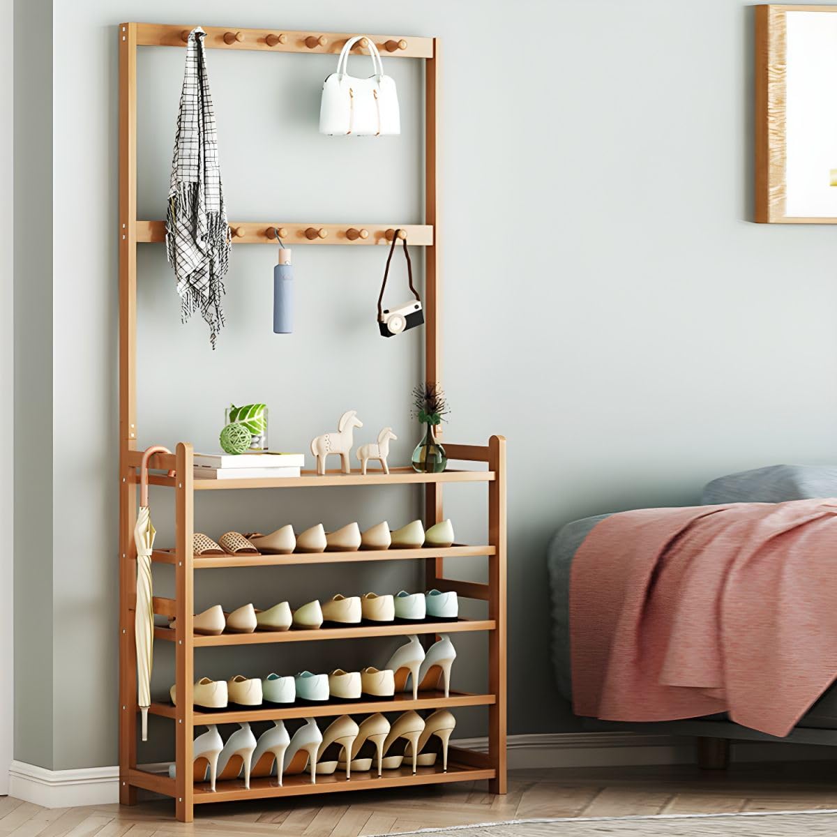 Modern Wood Coat Hanger Storage Shelves & Coat Hooks Entryway Kit Multifunctional Clothes Hanger Floor-standing Bedroom Clothes Storage Rack Simple Coat Rack Natural 31.5"L x 9.1"W x 69.3"H
