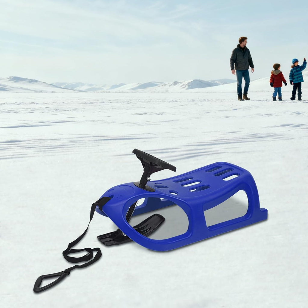 Snow Sled for Kids - Single Rider Winter Sleigh Kids Sled with Pull Rope and Steering Wheel -Outdoor Plastic Winter Sleigh Resistant 220lbs Capacity
