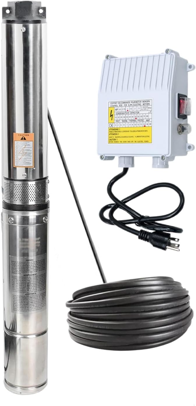 Deep Well Submersible Pump with Control Box 1HP 115V Well Pump Submersible Water Pump Stainless Steel 33 GPM,266ft Lift 100ft Power Cord ON/OFF Switch for 4" Deep Well