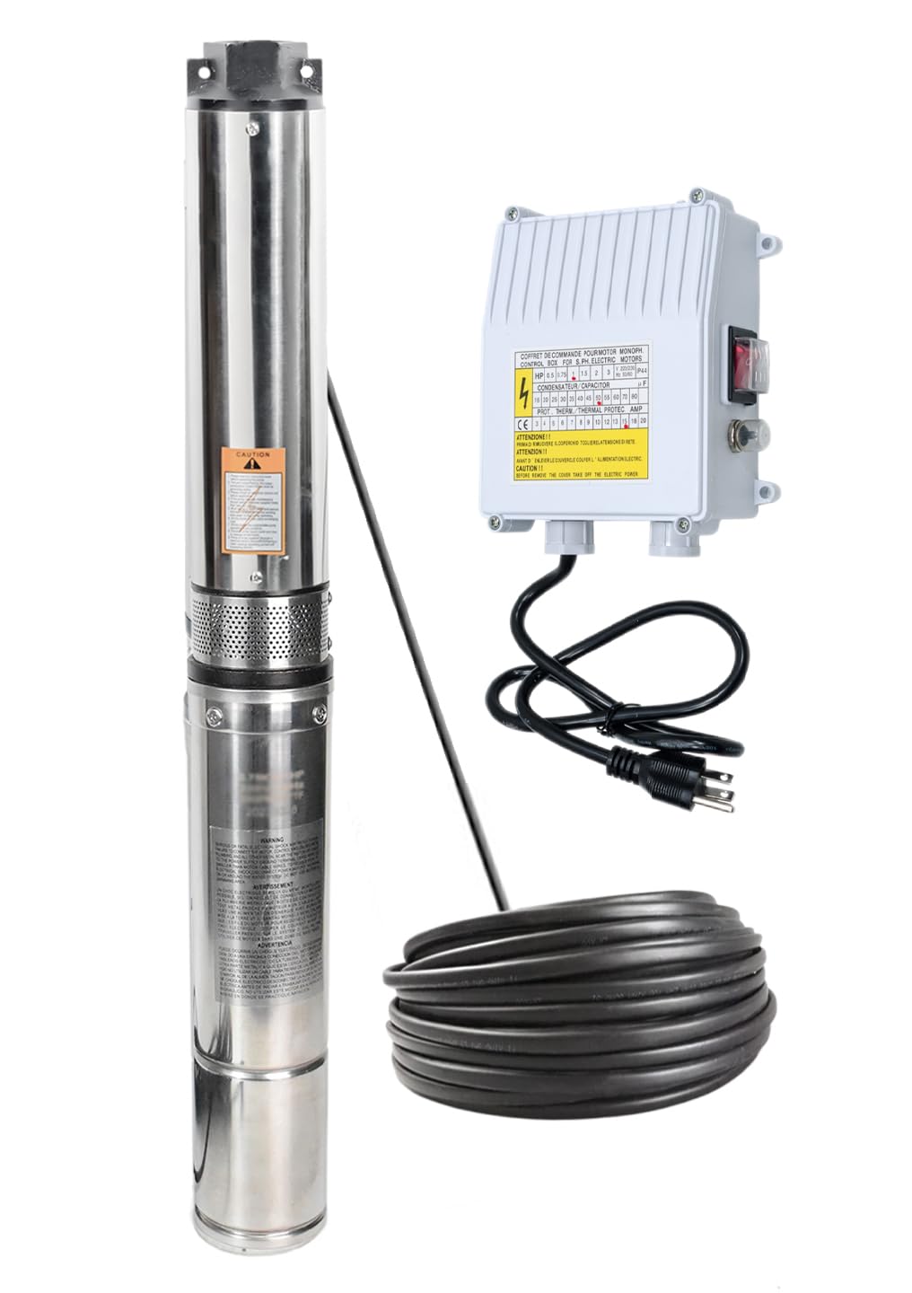 Deep Well Submersible Pump with Control Box 1HP 115V Well Pump Submersible Water Pump Stainless Steel 33 GPM,266ft Lift 100ft Power Cord ON/OFF Switch for 4" Deep Well