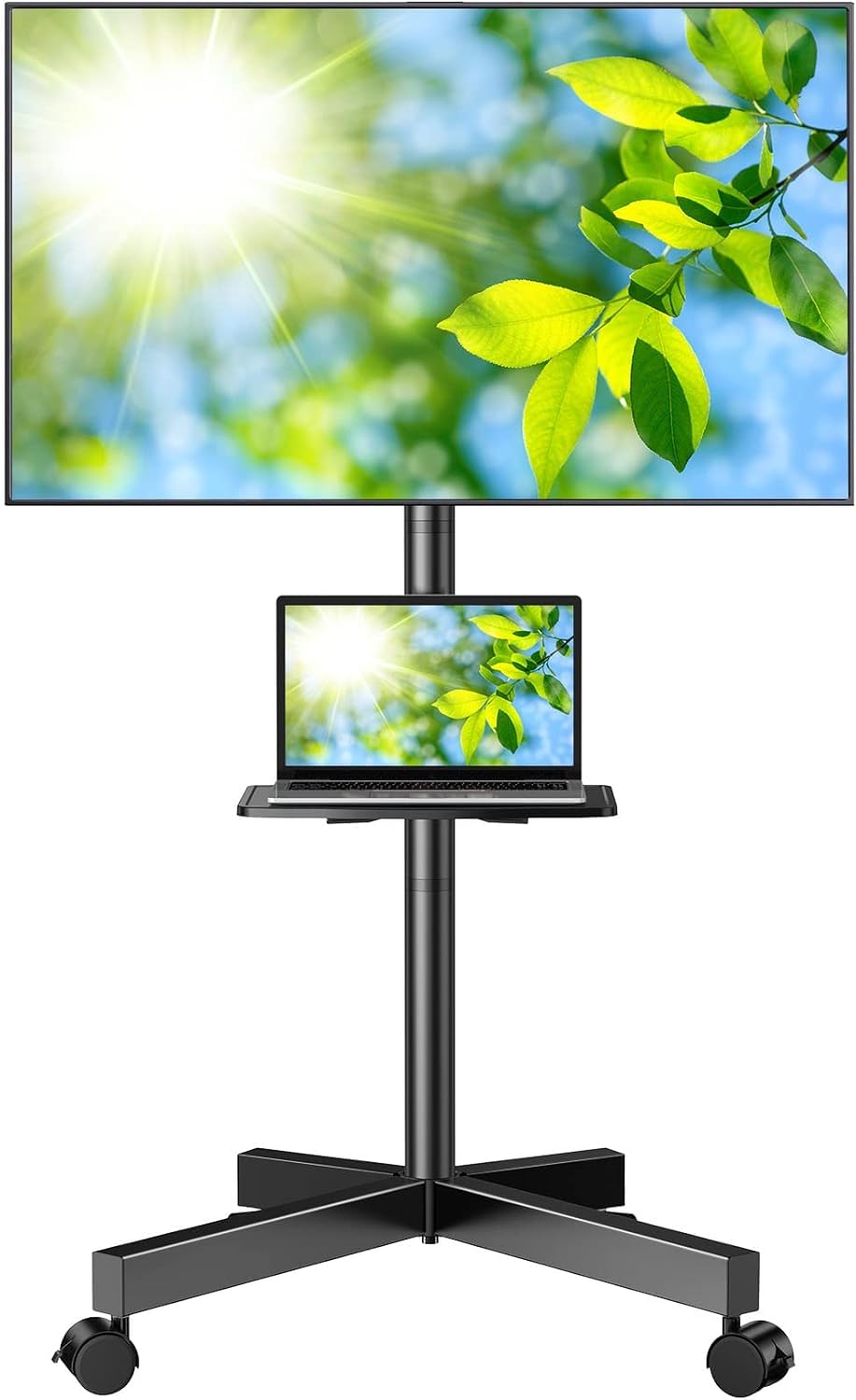 PERLESMITH Rolling TV Stand on Wheels for 32-83 Inch Screens up to 110lbs, Mobile TV Cart Height Adjustable Portable Outdoor TV Stand Tilt Rolling TV Cart with Shelf Max VESA 600x400mm PSTVMC03