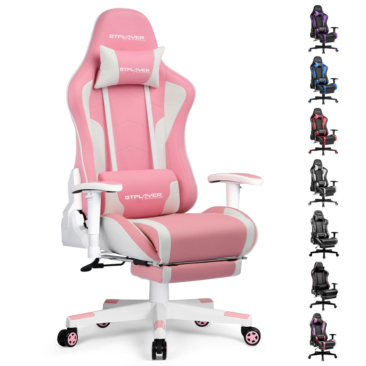 GTPLAYER Gaming Chair with Footrest, Ergonomic Computer Game Desk Chair, Reclining Gamer Chair Seat Height Adjustment, Swivel Rocker with Headrest and Lumbar (Gray)