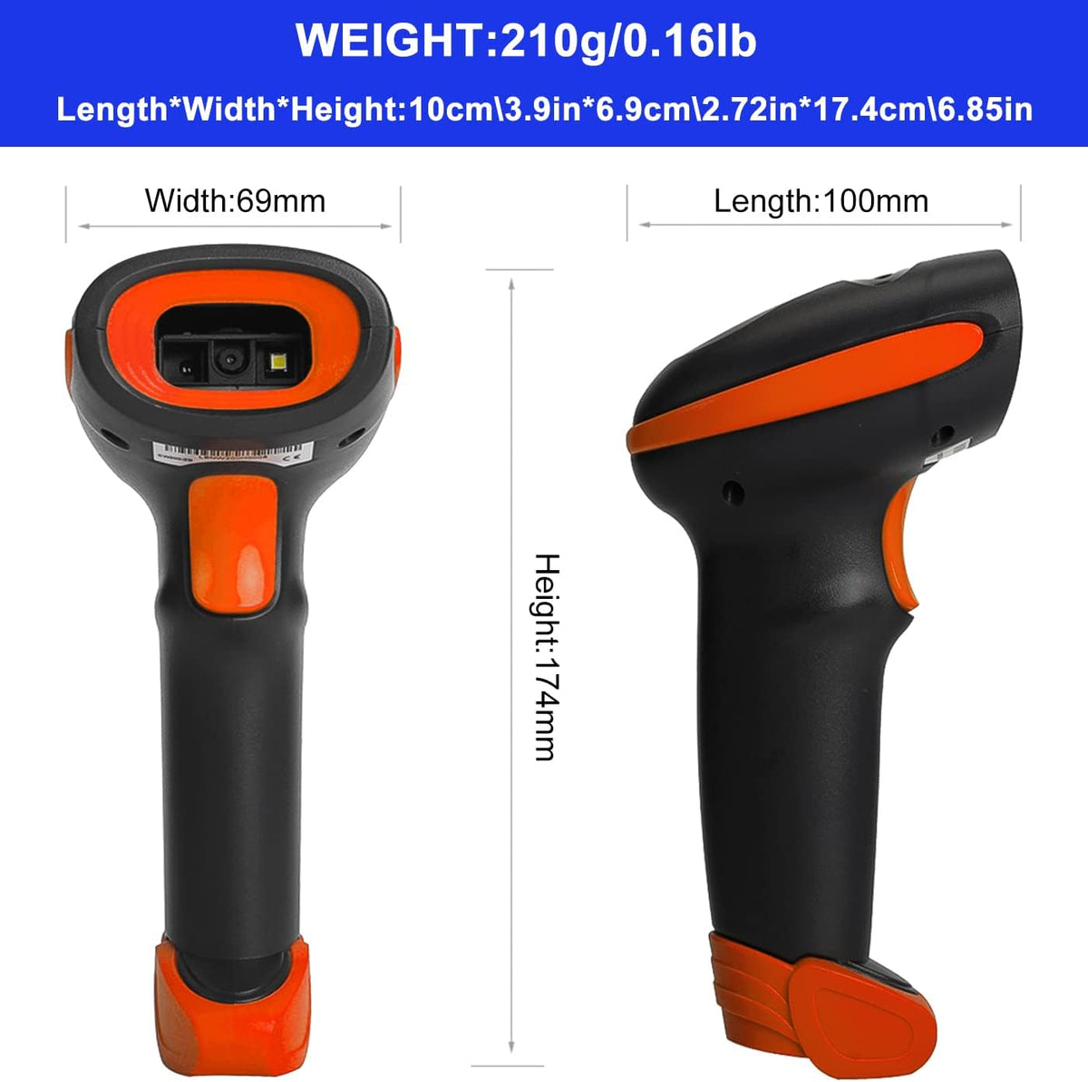 LENVII CW200 2D Barcode Scanner Wireless 2 in 1 Handhold Barcode Reader QR Code Scanner USB Bar Code Scanner for Shop use Store,Supermarket, Warehouse (Orange)