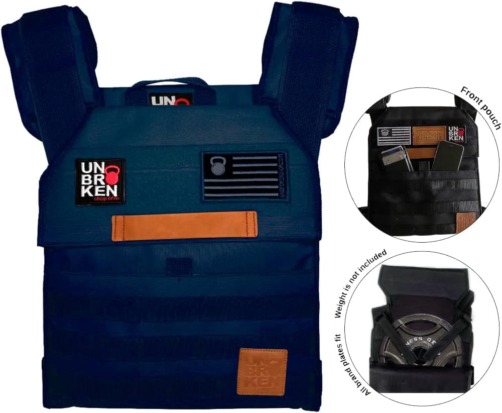UNBROKENSHOP Adjustable Weighted Vest, WOD CrossFit, Weight Plates Carrier for Strength and Endurance Training and Running. For Men or for Women, 2 Patches Included, Navy blue