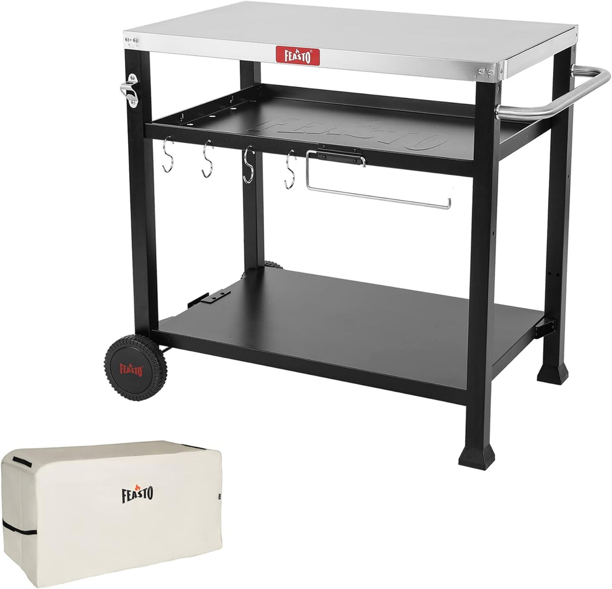 Feasto 3-Shelf Pizza Oven Table, Outdoor Grill Cart, 33.5" x 21.7", Black
